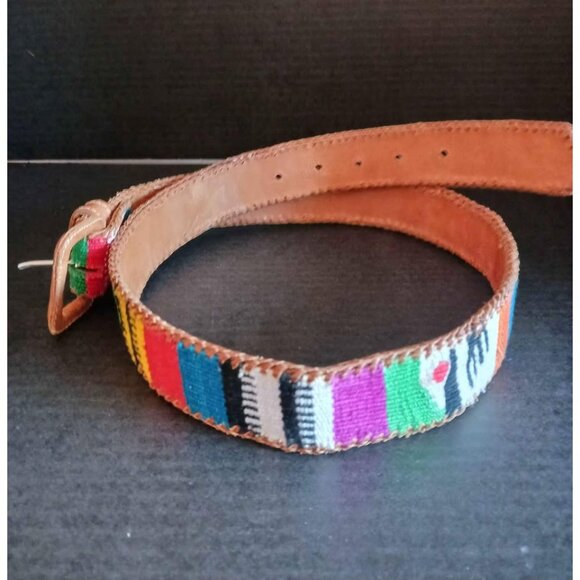 Handcrafted Guatemalan Leather Woven Colorful Belt M/L - Picture 5 of 6